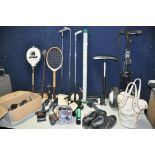 A SELECTION OF GOLF AND OTHER ITEMS to include a Golf king caddy, two pair of golf shoes (size