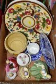 THREE BOXES OF CERAMICS AND COLLECTABLE PLATES, to include three Royal Doulton figurines, 'Fair
