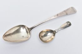 A GEORGE III SILVER SERVING SPOON AND AN EARLY VICTORIAN SILVER CADDY SPOON, the serving spoon