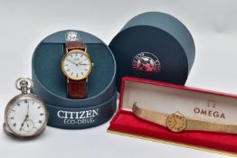 AN 'OMEGA DEVILLE' WATCH, A 'CITIZEN ECO-DRIVE WATCH' AND A SILVER POCKET WATCH, a ladies Omega