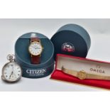 AN 'OMEGA DEVILLE' WATCH, A 'CITIZEN ECO-DRIVE WATCH' AND A SILVER POCKET WATCH, a ladies Omega