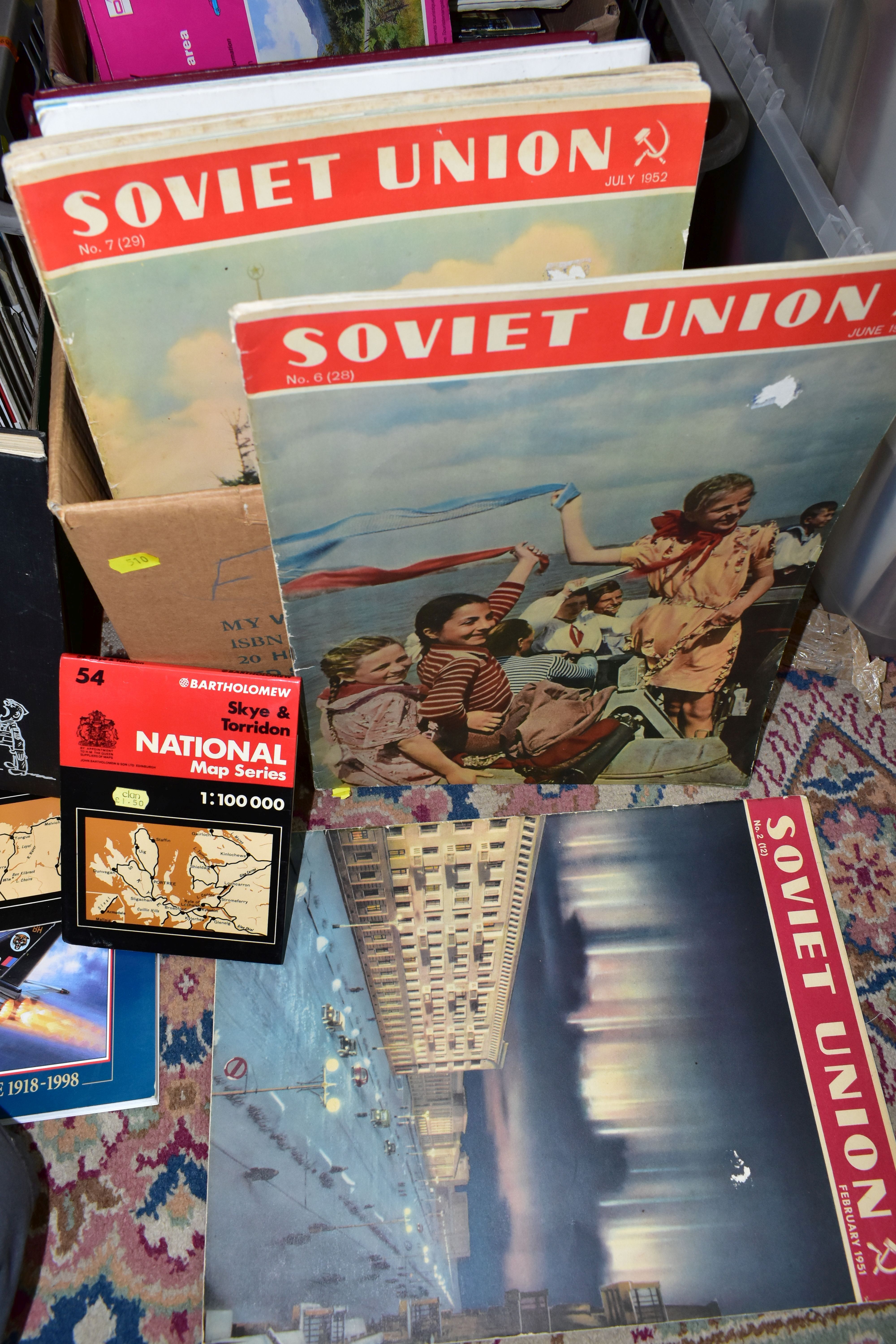 FOUR BOXES OF ASSORTED MAPS, BOOKS AND MAGAZINES, to include five Soviet Union illustrated monthly - Image 2 of 7