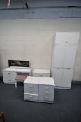 A WHITE BEDROOM SUITE, comprising a double door wardrobe with a top compartment, width 76cm x