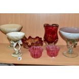 A GROUP OF STUDIO GLASS AND OTHER DECORATIVE GLASSWARES, seven pieces to include a cased pink and