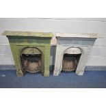 A PAIR OF CAST IRON FIRE PLACES, painted in green and cream, width 70cm x depth 29cm x height
