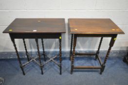 A 20TH CENTURY OAK RECTANGULAR OCCASSIONAL TABLE, on six bobbin turned legs, united by two cross