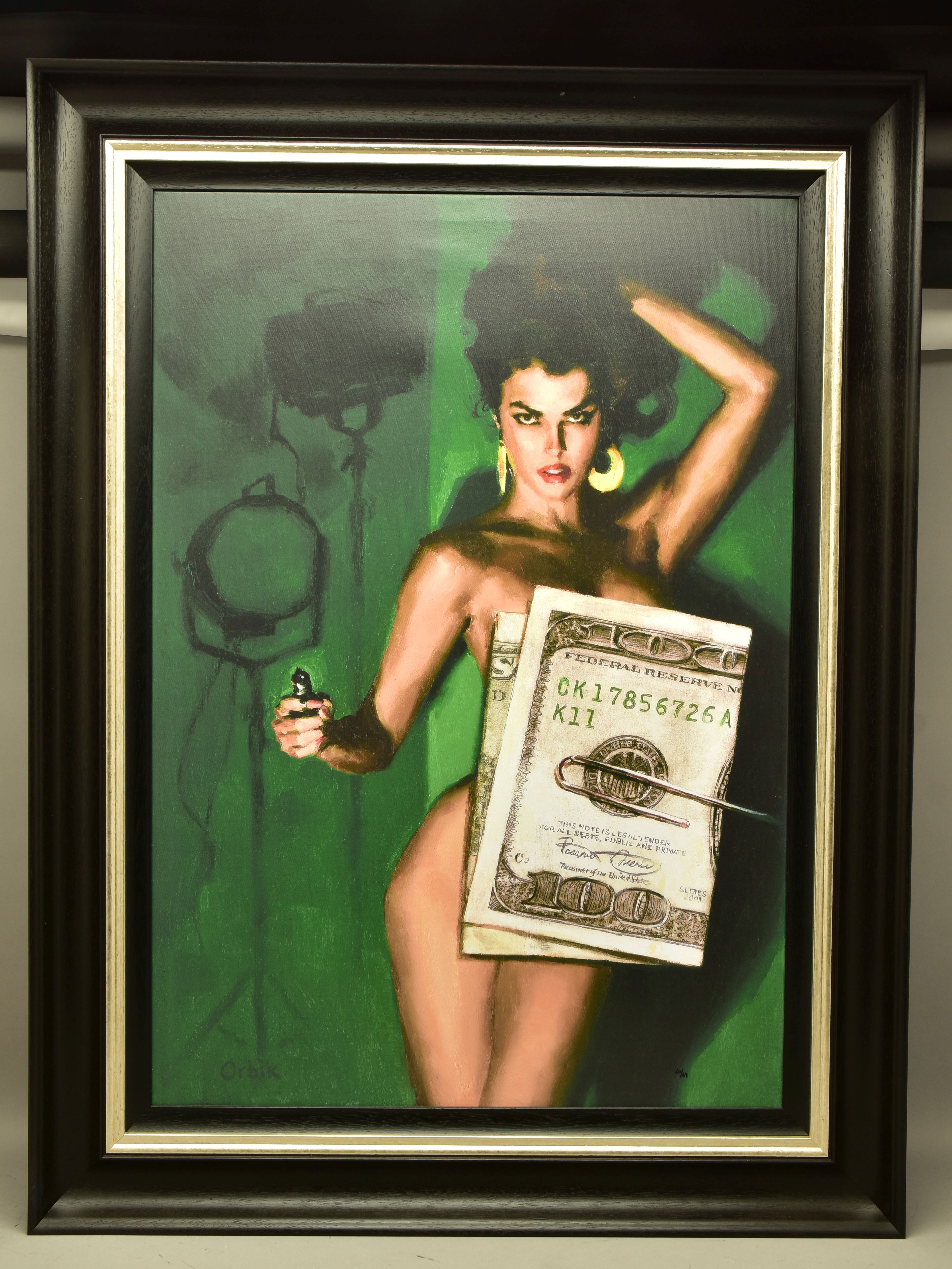 GLEN ORBIK (AMERICAN 1963 -2015) 'MONEY SHOT', a pulp noir study of a female figure holding a