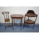 AN EDWARDIAN MAHOGANY AND INLAID CENTRE TABLE, on square tapered legs, united by a shaped cross