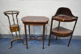 AN EDWARDIAN MAHOGANY AND INLAID CENTRE TABLE, on square tapered legs, united by a shaped cross