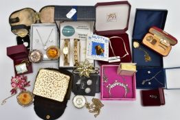 A BOX OF ASSORTED COSTUME JEWELLERY AND ITEMS, to include a boxed pair of 9ct on silver cufflinks,