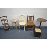 A EDWARDIAN MAHOGANY FOLDING THREE TIER CAKE STAND, an walnut octagonal tilt top tripod table, an