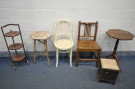 A EDWARDIAN MAHOGANY FOLDING THREE TIER CAKE STAND, an walnut octagonal tilt top tripod table, an