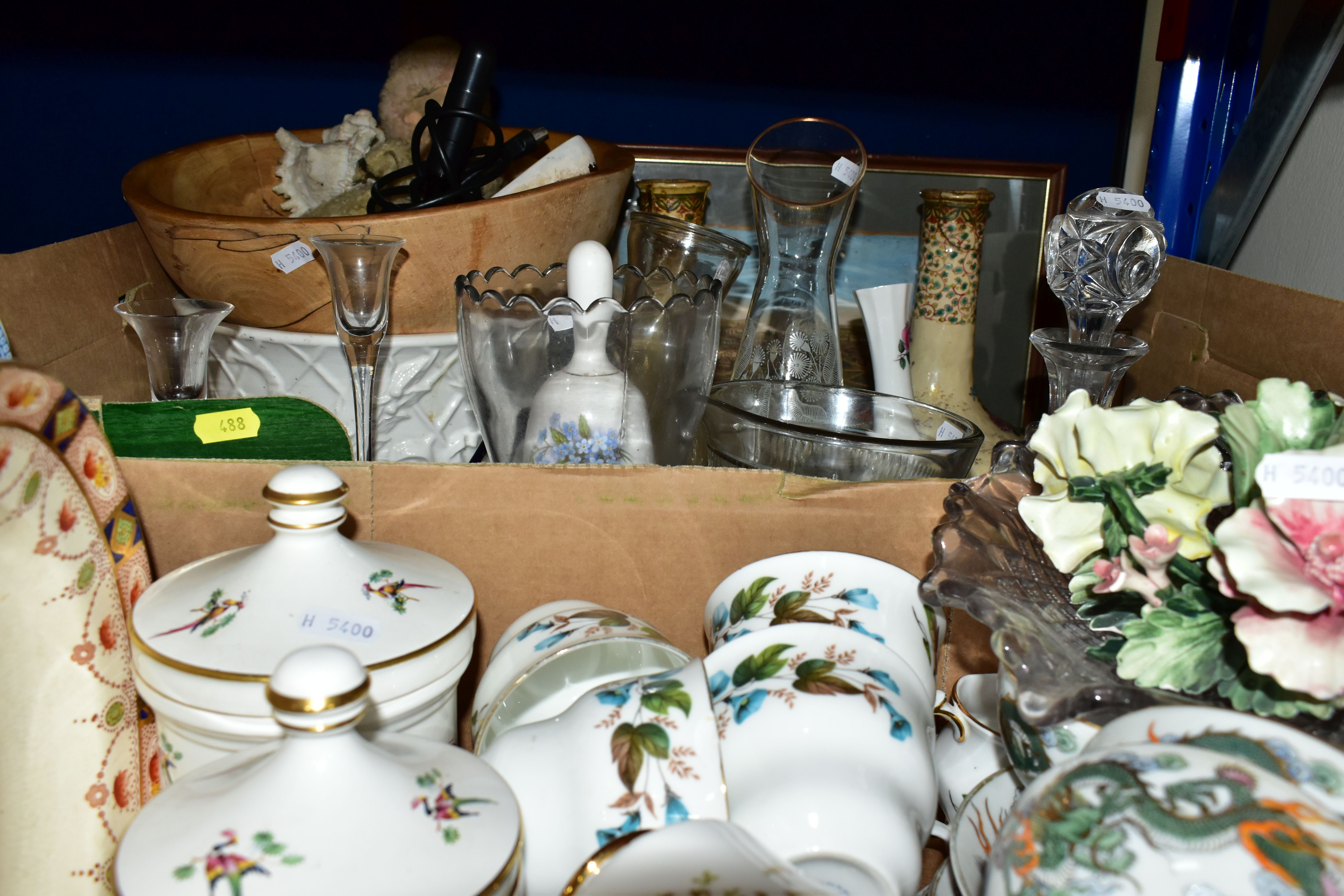 TWO BOXES OF CERAMICS AND GLASSWARE, to include a Royal Stafford 'True Love' tea set , six tea - Image 3 of 4