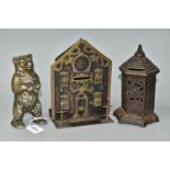 THREE LATE VICTORIAN AND 20TH CENTURY METAL MONEY BOXES / BANKS, comprising a cast metal and