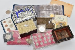 A BOX OF MIXED COINAGE, to include a small album of copper coins, tins and boxes of world coins,