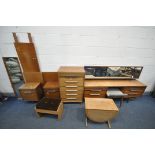 A MID CENTURY WHITE AND NEWTON TEAK BEDROOM SUITE, comprising a dressing table with a rectangular