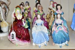 FIFTEEN SMALL COALPORT FIGURINES, comprising two Barbara figurines, one in a pale blue dress (