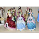 FIFTEEN SMALL COALPORT FIGURINES, comprising two Barbara figurines, one in a pale blue dress (