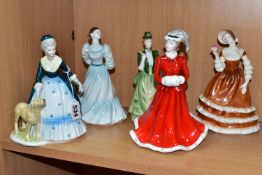 FIVE COALPORT LADIES OF FASHION FIGURINES, comprising Lynne (tiny chip to flower petal), Abigail (