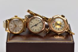 TWO EARLY 20TH CENTURY 9CT GOLD WRISTWATCHES AND A 'JEAN RENET' WRISTWATCH, the first a rose gold