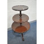 A REPRODUCTION MAHOGANY GRADUATED THREE TIER DUMB WAITER, on tripod legs, largest diameter 104cm x