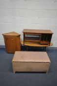 A MID CENTURY TEAK COFFEE TABLE, with record compartments, an oval Beautility coffee table, a modern