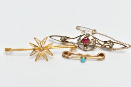 THREE BROOCHES, the first a wire bar brooch with central filigree Maltese star, with foreign assay