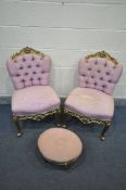 A PAIR OF LOUIS XV GILTWOOD CHAIRS, with heavy foliate decoration and buttoned pink upholstery,