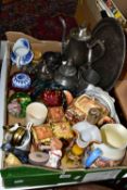 ONE BOX OF METALWARE AND CERAMICS, to include a Price brothers Cottage ware tea pot (chipped spout),