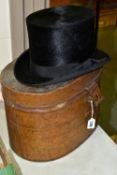 A BLISS'S HATS LTD BLACK SILK TOP HAT TOGETHER WITH A LATE VICTORIAN TIN HAT BOX, the top hat