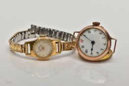 A 9CT GOLD WATCH HEAD AND A WRISTWATCH, the watch head with a hand wound non-running movement, round