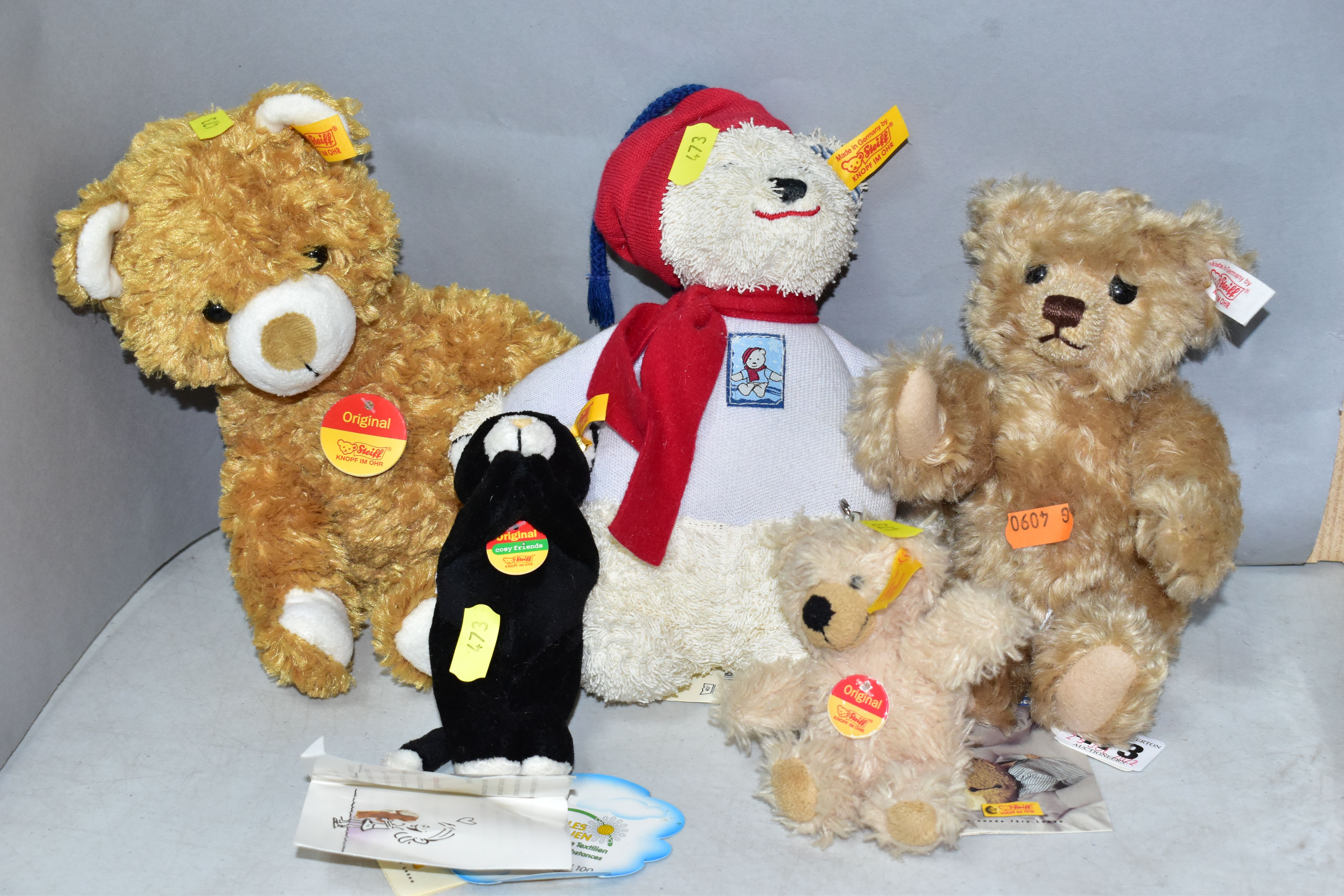 FIVE STEIFF BEARS, to include a musical polar bear from the 'Baby series' working with all