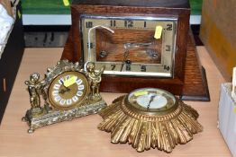 THREE CLOCKS, comprising an oak cased mantel clock ' P.D. Hogg' ( one key, one winder, no pendulum),
