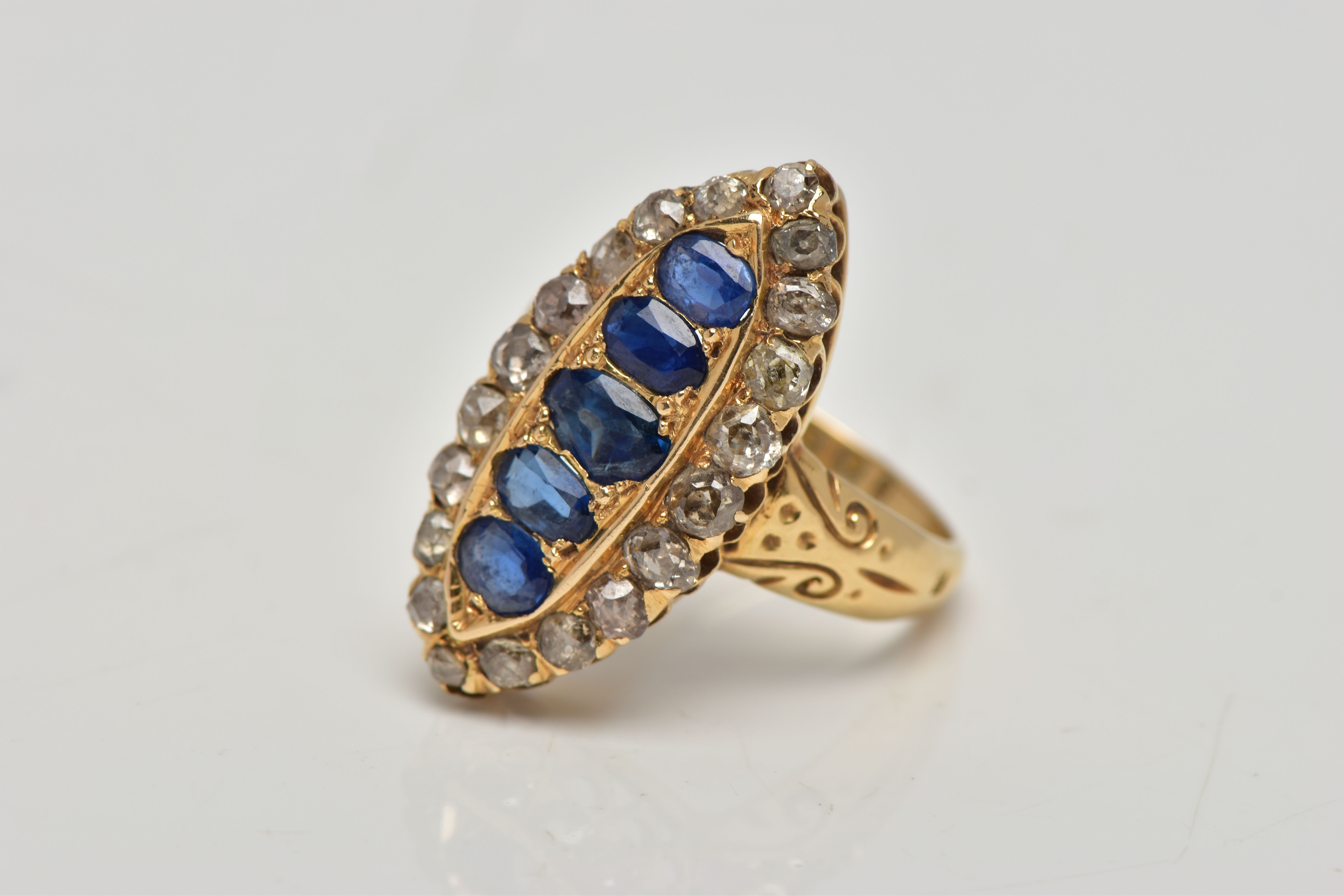 AN 18CT GOLD, LATE VICTORIAN SAPPHIRE AND DIAMOND RING, of a large marquise form set centrally - Bild 7 aus 10