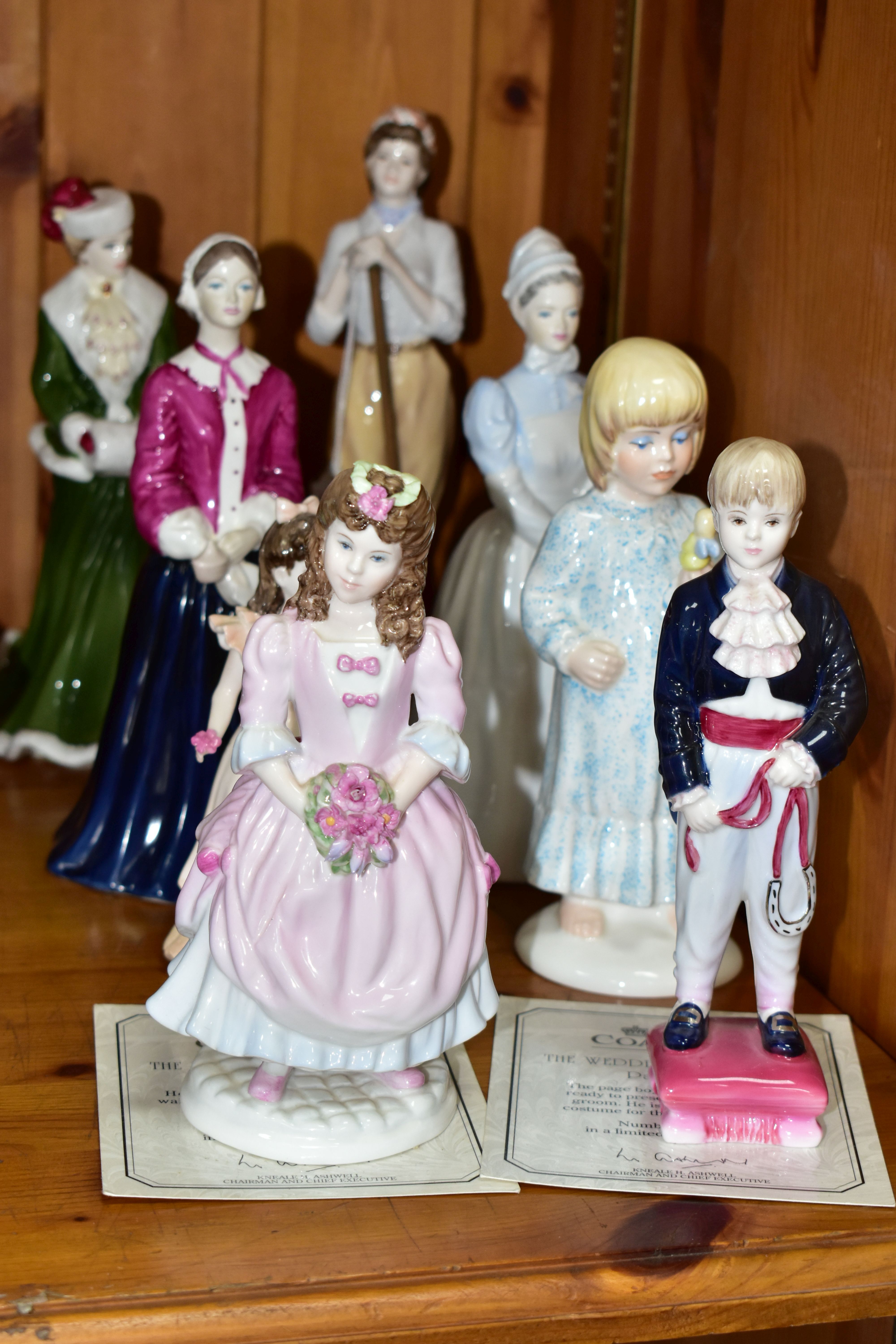 EIGHT COALPORT FIGURINES, comprising limited edition The Wedding Collection Bridesmaid 228/1500 (