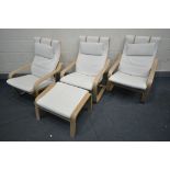 THREE IKEA POANG CANTILVER CHAIRS, with white cushions and headrests, along with one matching