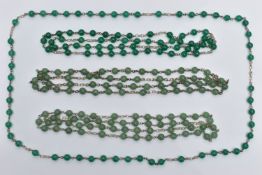 FOUR HANDMADE ROSARY BEAD NECKLACES, each comprising a single uniform row of spherical beads, two