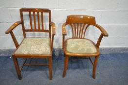 A 20TH CENTURY OAK OFFICE CHAIR, and another armchair (condition:-straight framed armchair rickety)