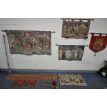 A SELECTION OF WALL HANGING TAPESTRIES, of various sizes, all medieval related scenes, four with