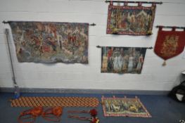 A SELECTION OF WALL HANGING TAPESTRIES, of various sizes, all medieval related scenes, four with