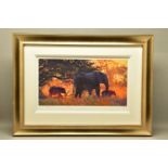 ROLF HARRIS (AUSTRALIAN 1930) 'BACKLIT GOLD' a limited edition print 57/195 depicting elephants,