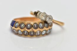 A SPLIT PEARL AND ENAMEL RING WITH ONE OTHER, the first an AF yellow metal ring, set with two rows