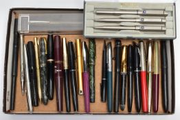 A BOX OF ASSORTED PENS AND PENCILS, to include a 'Yard O' Led' pencil, hallmarked 'YOL' Rhodium