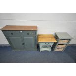 A GREEN PAINTED SLIM SIDEBOARD, with two drawers over two cupboard doors, width 91cm x depth 29cm