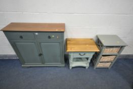 A GREEN PAINTED SLIM SIDEBOARD, with two drawers over two cupboard doors, width 91cm x depth 29cm