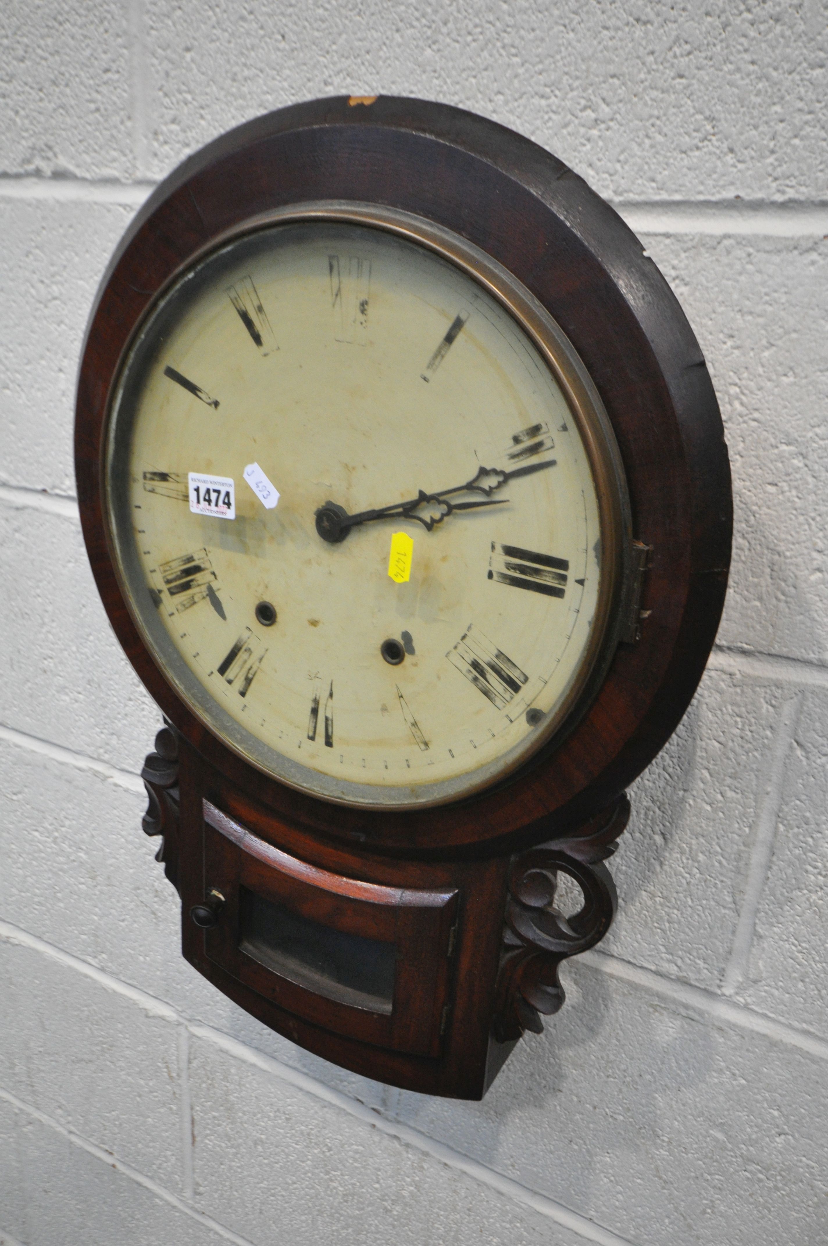 A 19TH CENTURY MAHOGANY DROP DIAL WALL CLOCK with a painted enamel dial, drop 58cm (condition:- - Image 3 of 3