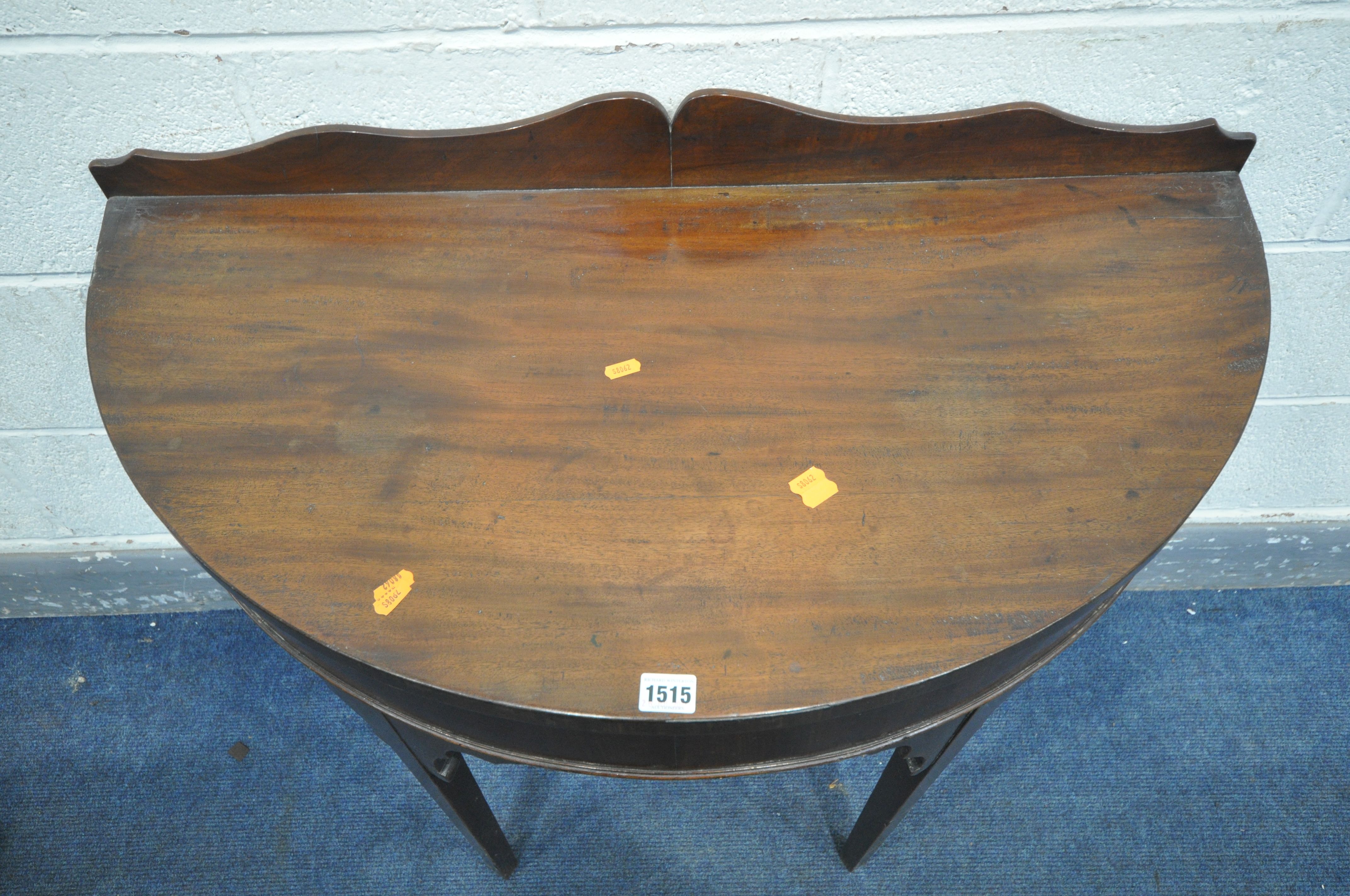 A GEORGIAN MAHOGANY DEMI LUNE HALL TABLE, with a wavy raised back, on square tapered legs, width - Image 2 of 3