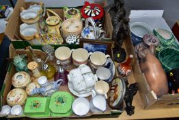 THREE BOXES AND LOOSE CERAMICS AND SUNDRIES, to include a Sylvac dog 1118 and hyacinth planter 2489,
