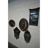 FIVE VARIOUS WALL MIRRORS, of various styles, sizes and materials, to include a carved oak oval