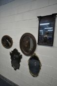 FIVE VARIOUS WALL MIRRORS, of various styles, sizes and materials, to include a carved oak oval